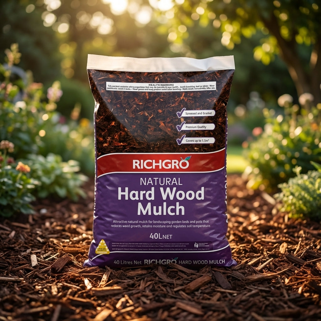 A bag of Richgro 40L Hard Wood Mulch sits on a garden bed among plants and sunlight, providing excellent moisture retention as a premium garden mulch.