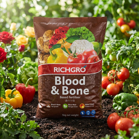 A bag of Richgro 5kg Blood and Bone Based Fertiliser sits in a vegetable garden, delivering vital nutrients to tomatoes and other healthy plants.