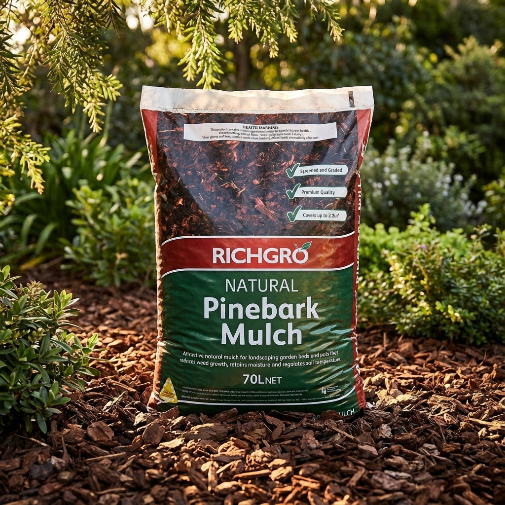 A bag of Richgro 70L Pine Bark Mulch covers garden beds, surrounded by plants and greenery, helping retain moisture for a healthier garden.