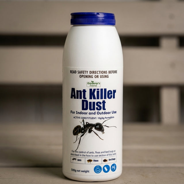 A 500g white bottle of Richgro Gardener’s Friend Ant Killer Dust with a blue cap and large ant image on the label, ideal for effective indoor insect control.