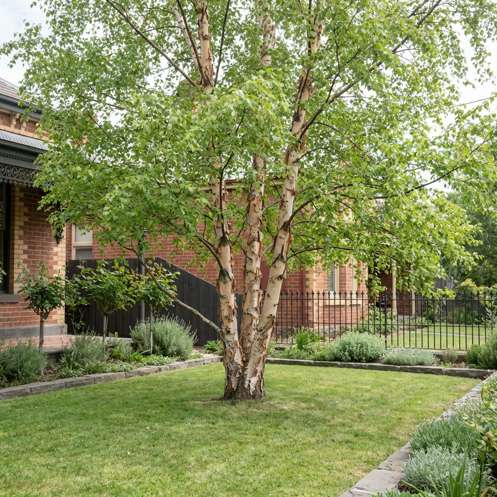 The River Birch – Betula nigra, a fast-growing shade tree with unique peeling bark, stands on a manicured lawn before a brick house, bordered by a black fence.