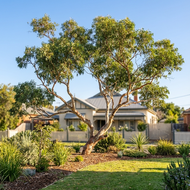 A River Red Gum - Eucalyptus camaldulensis, a classic Australian native tree, grows in a front yard garden with a house and blue sky in the background.