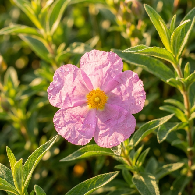 Rock Rose - Cistus Silver Pink is a drought-tolerant shrub with green leaves and pink flowers featuring yellow centers, adding vibrant color and beauty to any garden.