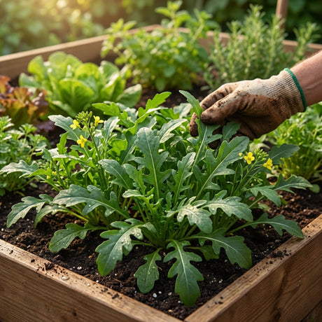 A gloved hand cares for fast-growing Rocket - Eruca sativa seeds in a raised wooden garden bed under the sun.