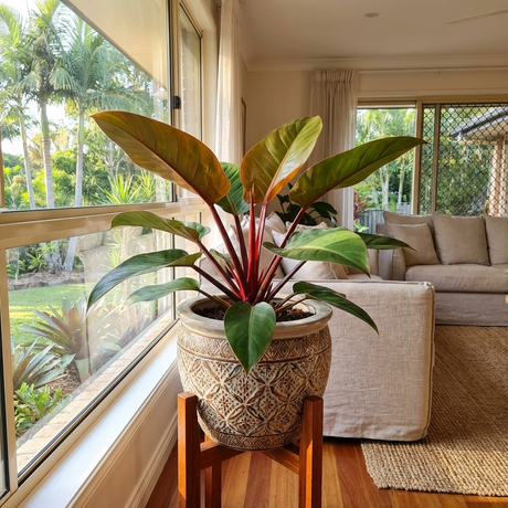 The Rojo Congo Philodendron (Philodendron 'Rojo Congo') with its striking red stems adds charm to a sunlit living room near large windows, making it an attractive and easy-care indoor plant.