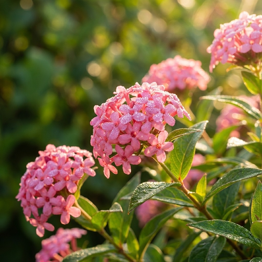 Pink flower clusters of the Rondeletia ‘Sweet Caprice’ evergreen shrub glisten with dewdrops on green leaves, glowing in warm outdoor sunlight.