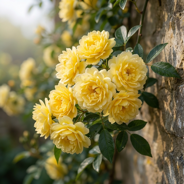 Rosa banksiae 'Lutea'—Yellow Climbing Rose blooms in clusters against a stone wall, displaying green leaves in soft sunlight. This low-maintenance climber is ideal for any garden.
