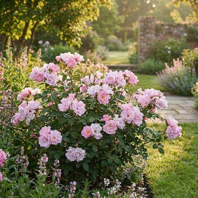 A bush of Rose ‘Blushing Knock Out’ in a sunlit garden, bordered by green grass and a stone path, offers a beautiful, low-maintenance rose display.