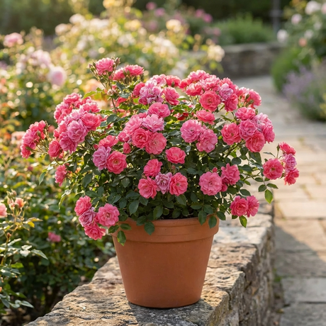 A terracotta pot with Rose ‘Coral Drift’ blooms on a sunny stone patio, providing an easy-care, beautiful rose option for your garden.