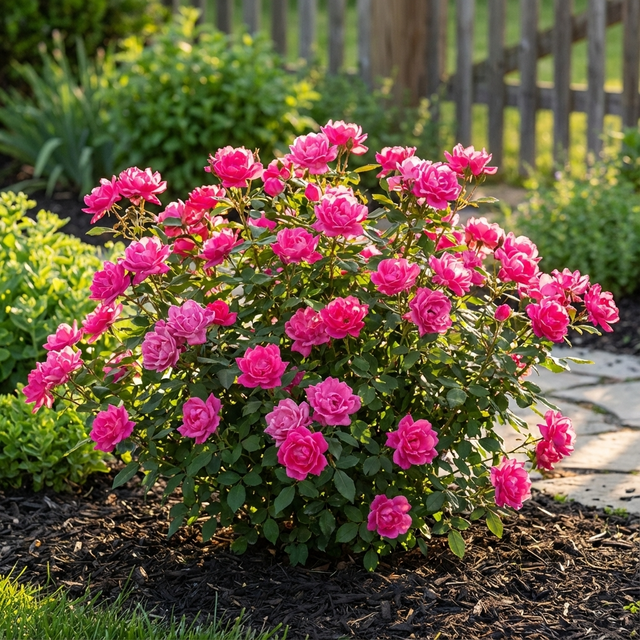 The Rose ‘Double Pink Knock Out’ flourishes among green shrubs and a wooden fence, providing a low-maintenance, disease-resistant rose display in your garden.