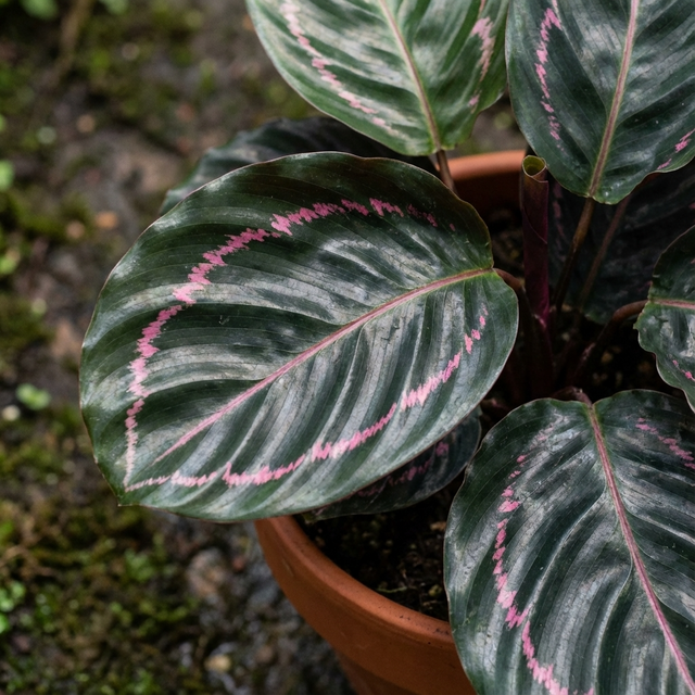 Large green leaves with pink edges adorn the Rose Painted Calathea - Calathea roseopicta 'Dottie,' a pet-safe houseplant set in a brown pot on a mossy outdoor surface.