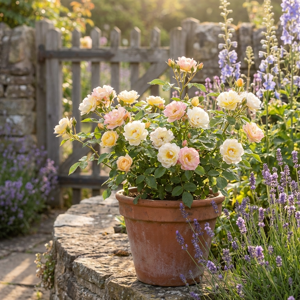 A terracotta pot of Rose ‘Popcorn Drift’ pale yellow roses sits on a stone wall in a sunlit garden near a wooden gate.