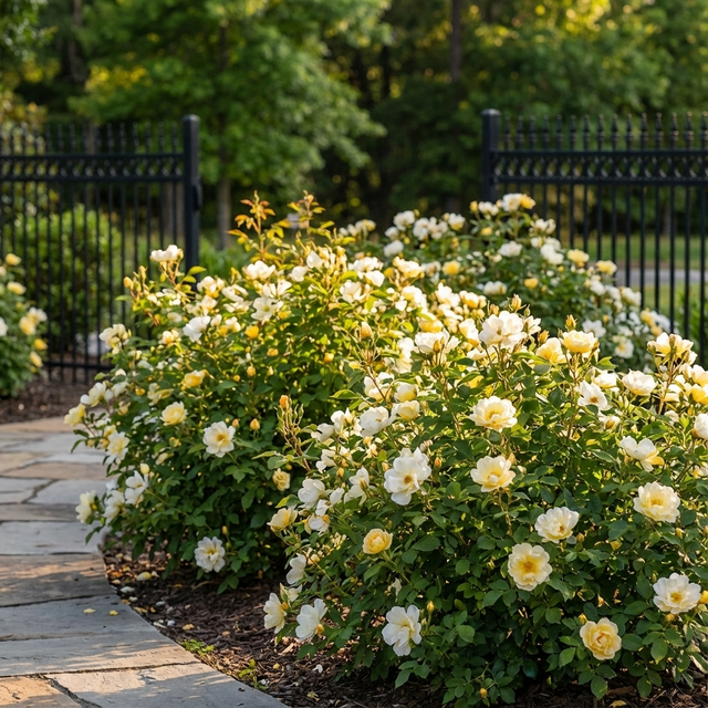 Rose ‘Sunny Knock Out’ roses, blooming beside a stone pathway with a black iron fence, offer a vibrant and low-maintenance garden option.
