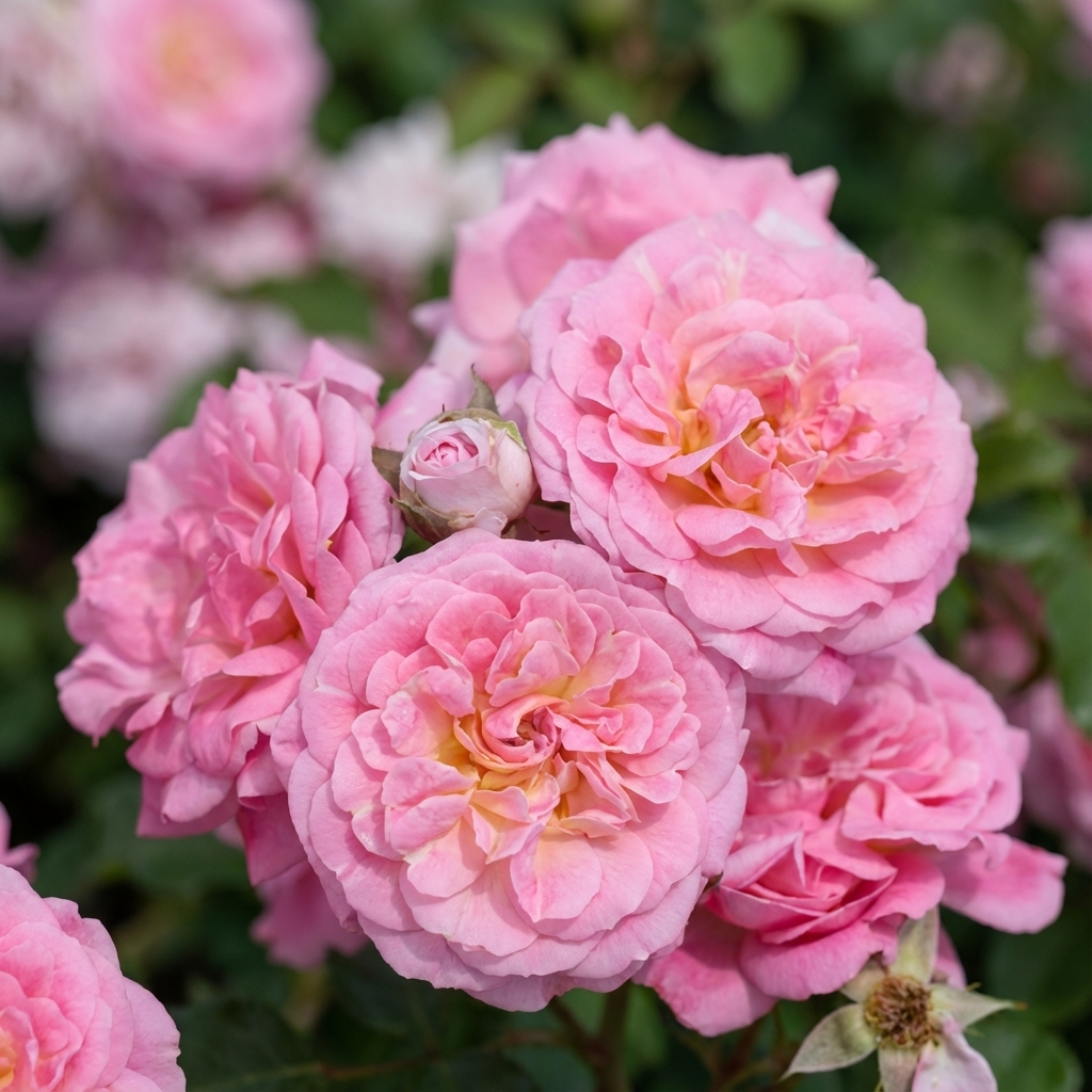 A cluster of blooming Rose ‘Sweet Drift’ with soft pink petals and green leaves, highlighting the beauty and low-maintenance appeal of this groundcover rose.