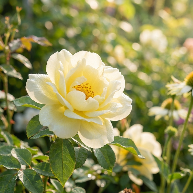 The Rose ‘White Drift’ is a pale yellow, low-maintenance rose that blooms in sunlight, set among green leaves and softly blurred garden foliage.