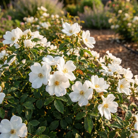 Rose ‘White Knock Out’ blooms on a compact, disease-resistant shrub, thriving in sunny gardens with its bright white flowers and lush green foliage.