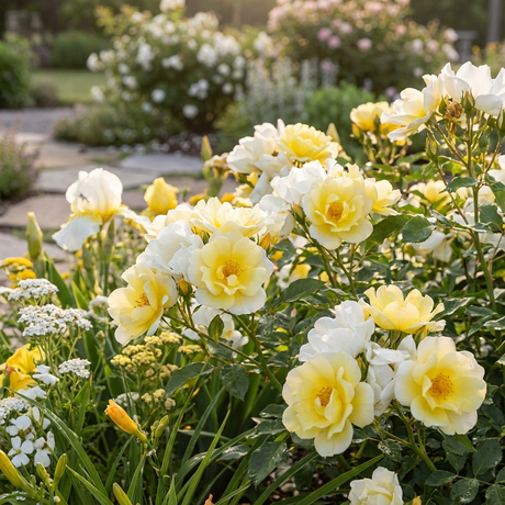 Rose ‘Yellow Drift’ groundcover roses bloom in a sunlit garden, their vibrant yellow petals brightening the stone paving in the background.