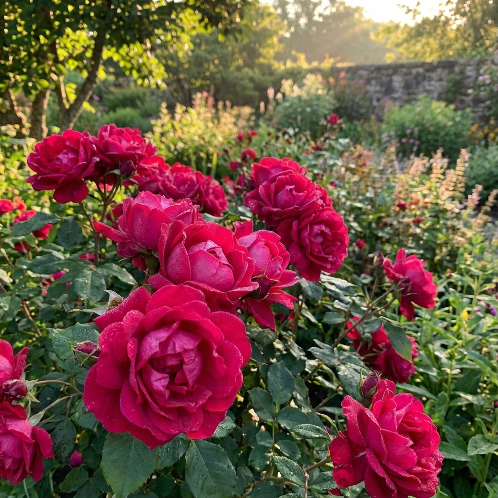 Rose ‘Double Red Knock Out’ displays brilliant blooms in a lush garden, its compact shrub form glowing as morning sunlight filters through the greenery.