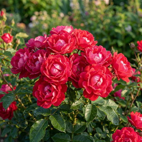 A cluster of Rose ‘Red Drift’ with green leaves adds charm to your garden, offering a beautiful, low-maintenance rose option.