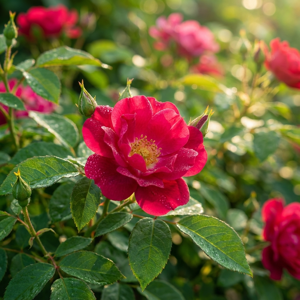 A vibrant Rose ‘Red Knock Out’ with dew-kissed petals is set among lush green leaves and other easy-care Rose ‘Red Knock Out’ plants in the background.