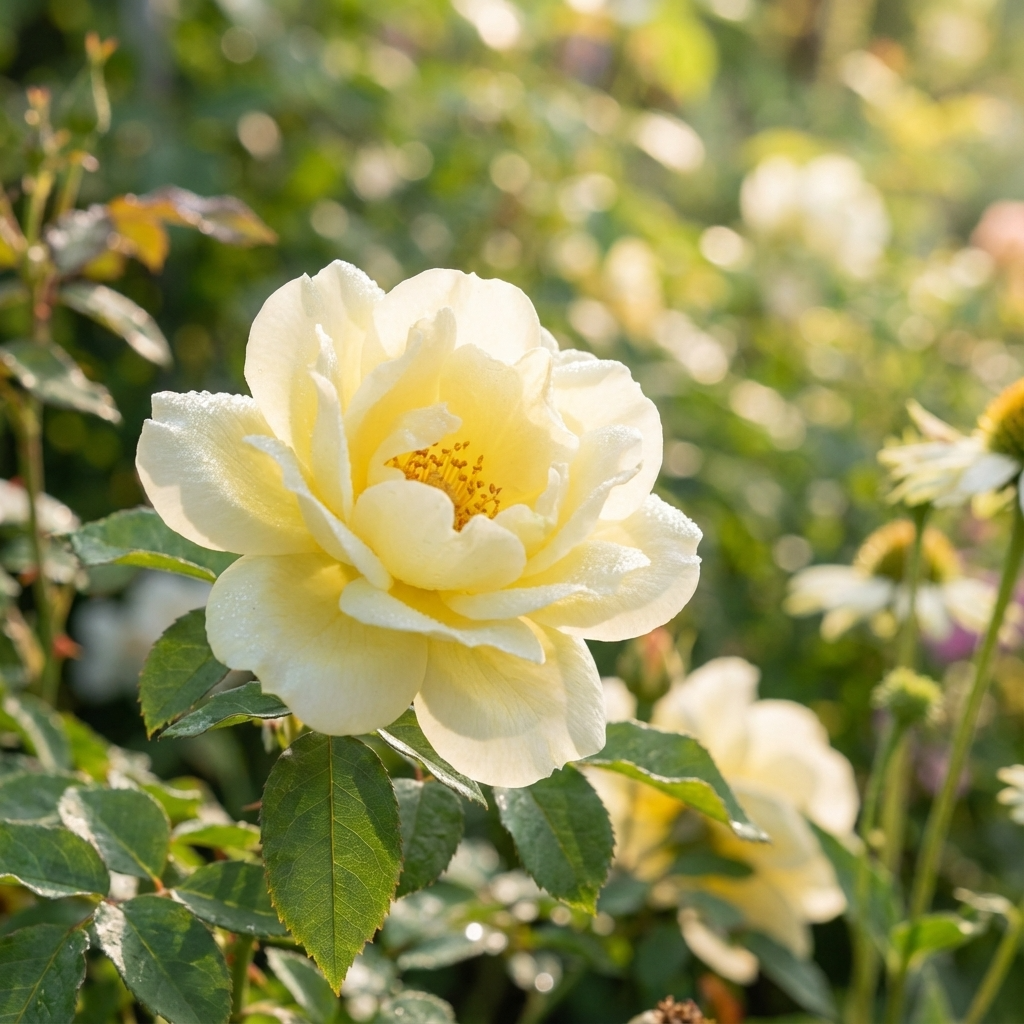 Rose ‘White Drift’ features pale yellow blooms and lush green foliage, illuminated by soft sunlight—an elegant, low-maintenance groundcover rose ideal for any garden.