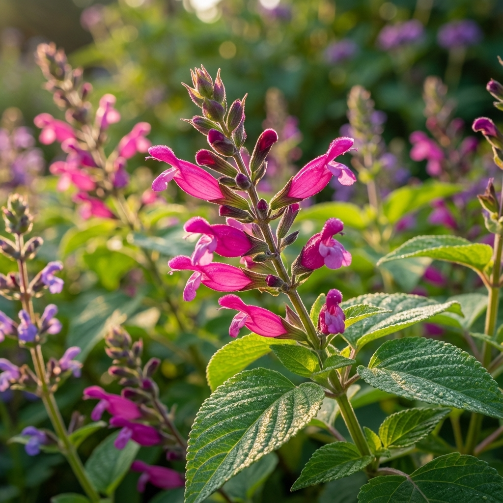 Roseleaf Sage - Salvia ‘Mulberry Jam’ blooms with vibrant pink and purple flowers among green leaves, creating a pollinator-friendly garden display.