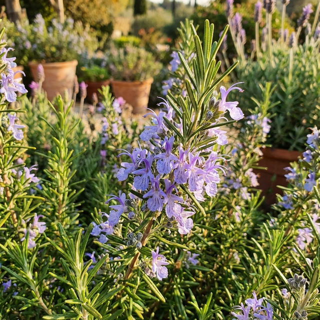 Close-up of Rosemary ‘Blue Lagoon’ (Salvia rosmarinus), an aromatic evergreen shrub with edible leaves and purple flowers, blooming in a sunlit garden with terracotta pots in the background.