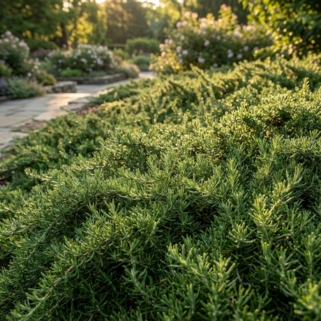 Huntington Carpet Rosemary (Rosmarinus officinalis ‘Huntington Carpet’) forms dense, drought-tolerant ground cover beside a stone path in a sunlit garden, with trees and flowers providing a beautiful backdrop.