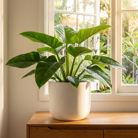 A green houseplant in a Round Plain Ceramic Pot (various sizes available) sits on a wooden table by a sunny window overlooking the garden.