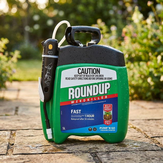 A Roundup 5L Fast Ready To Use Pump N Go Weedkiller container with handle and spray wand sits on a stone patio, ready for outdoor weed control.