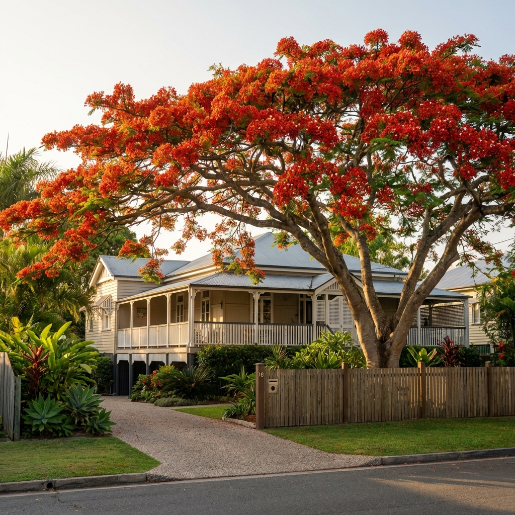 A Royal Poinciana - Delonix regia shades a white wooden house and garden with vibrant red blooms. Drought-tolerant, this tree’s striking flowers make it a stunning focal point beside the home’s wrap-around porch.