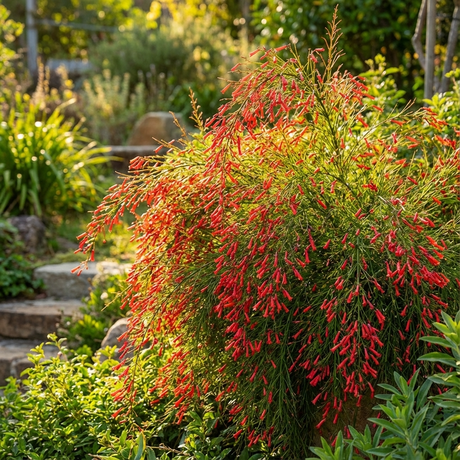 Ruby Falls Firecracker Plant - Russelia ‘Ruby Falls’ features abundant red tubular blooms among lush green foliage; this stunning, cascading plant is pollinator friendly and perfect for brightening sunny gardens.