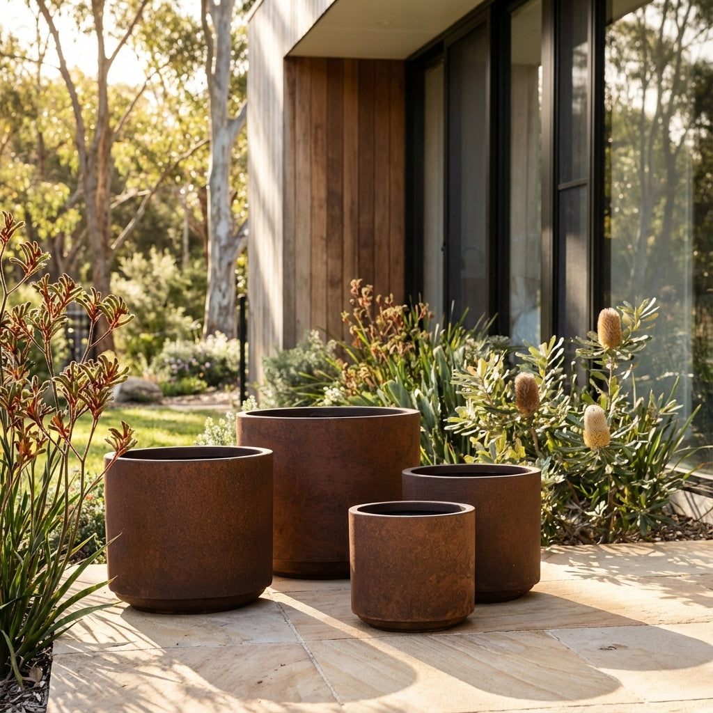 Four Rust Harper Drum Planters in various sizes are arranged on a patio beside green plants and a modern house, creating a stylish outdoor planter display.
