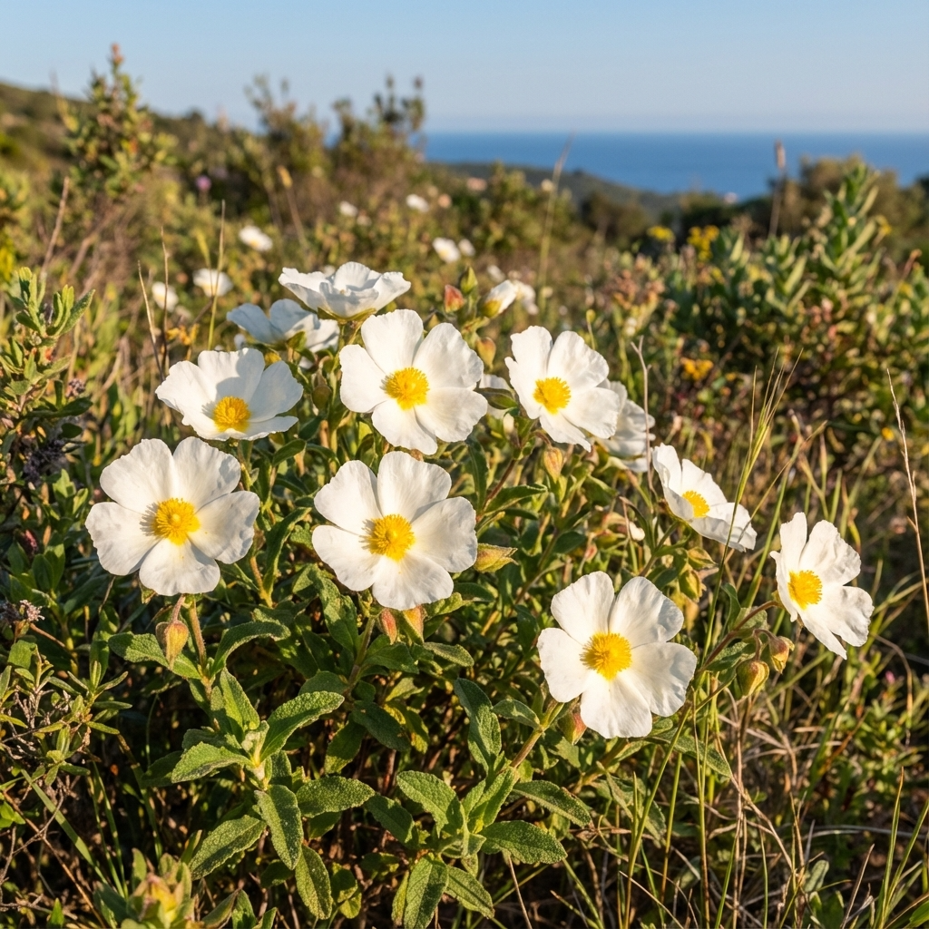 White wildflowers with yellow centers bloom in a green field with a sea view. The Sageleaf Rock Rose (Cistus salviifolius), a drought-tolerant shrub, adds beauty and resilience to the landscape.