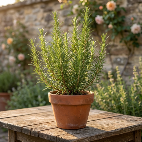 A Salem Rosemary - Rosmarinus officinalis ‘Salem’ sits in a pot on a wooden table, surrounded by sunlit garden flowers and a stone wall.