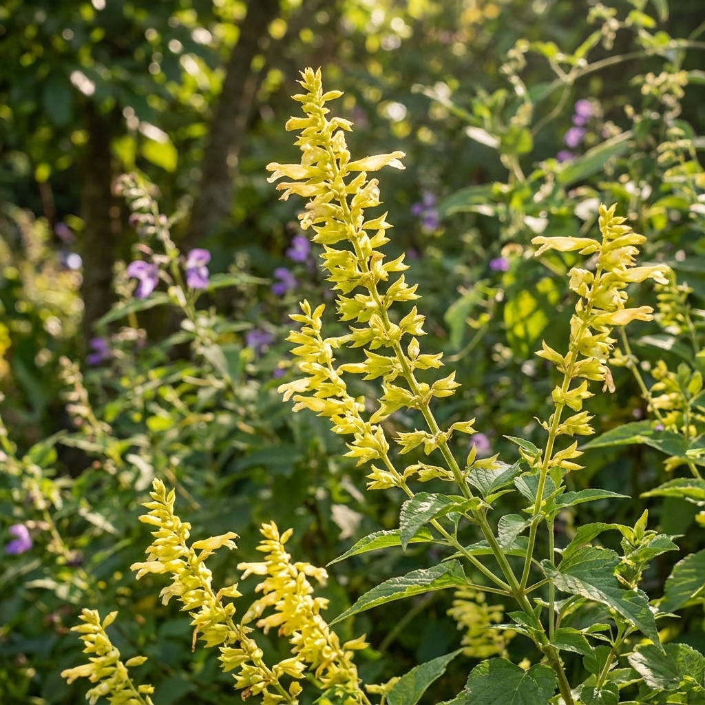 Salvia ‘Golden Fountain’ – Forsythia Sage displays bright golden-yellow foliage and blooms in a sunlit, drought-tolerant garden, glowing among green leaves and purple flowers for a vibrant, colorful setting.
