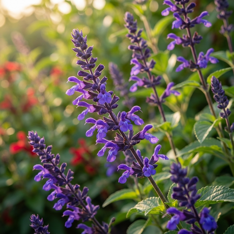 Blue Sage- Salvia ‘Marine Blue’, a drought tolerant perennial, blooms with vibrant flowers and green leaves in a sunlit garden, set against blurred red flowers.