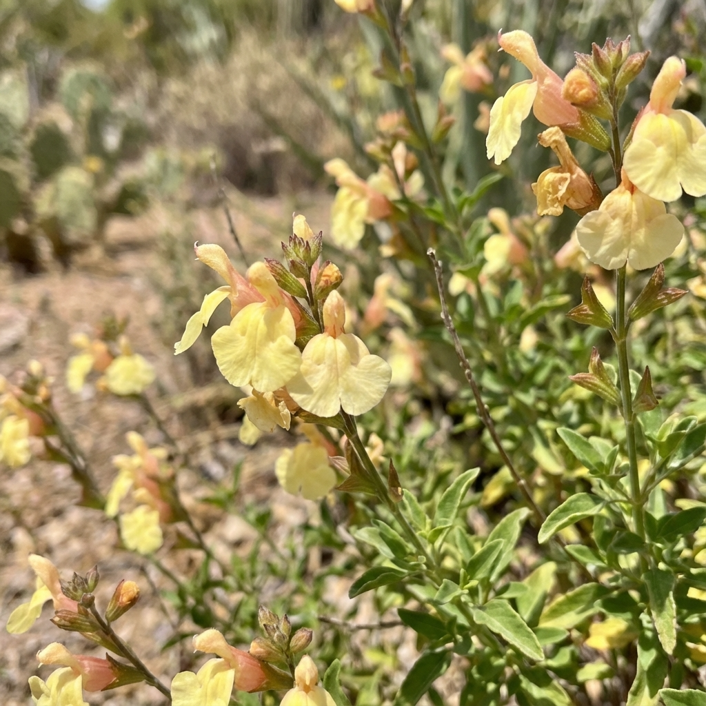 Mexican Sage - Salvia ‘Pumpkin’ features yellow wildflowers on green stems thriving in sunny, dry landscapes with cacti blurred in the background, creating a pollinator-friendly perennial display.
