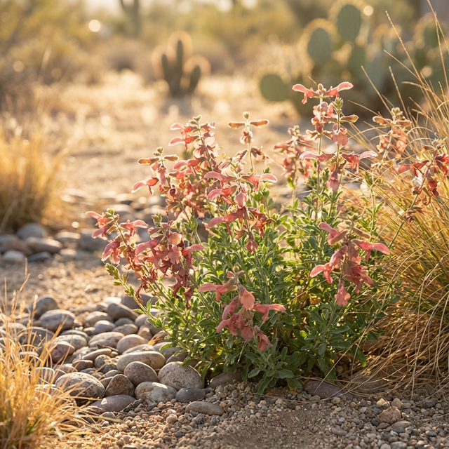 Pink wildflowers bloom in a sunny desert with rocks, dry grasses, cacti, and the silvery foliage of Salvia lanceolata—Sand Sage—a beautiful drought-tolerant shrub that thrives in arid conditions.