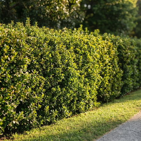 A neatly trimmed hedge of Sandankwa Viburnum (Viburnum suspensum) lines a grassy area beside a sunlit paved walkway.