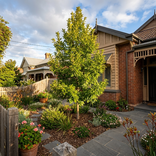 Front yard of a brick house featuring a Sawtooth Oak (Quercus acutissima), lush garden beds with vibrant plantings, and a stone pathway beneath a partly cloudy sky.