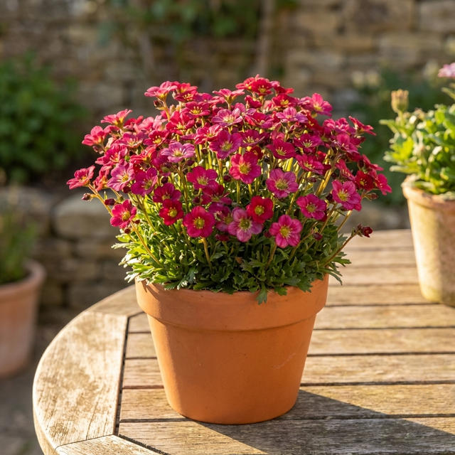 A terracotta pot with Saxifraga ‘Rose’ sits on a wooden table outdoors, its bright pink flowers illuminated by sunlight.
