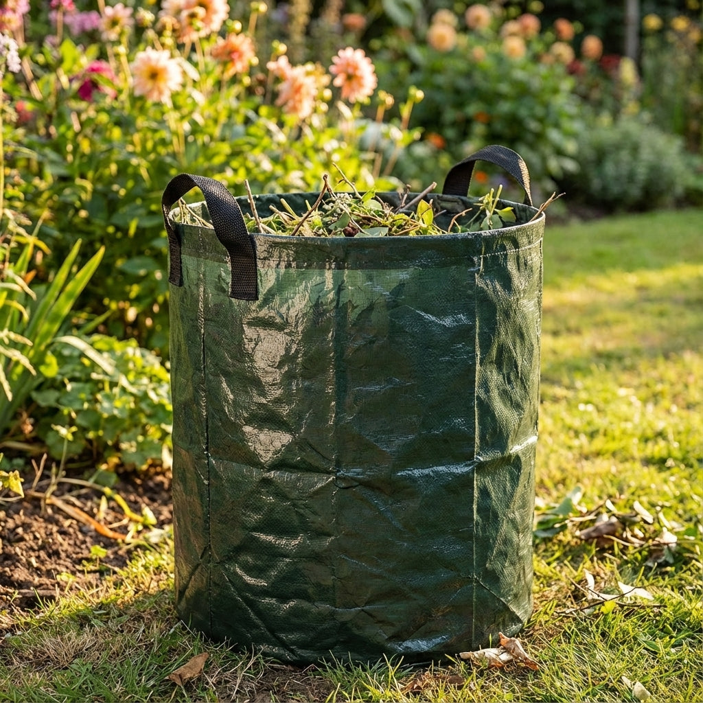 The Saxon 117L Garden Bag, filled with leaves and branches, stands on the grass in a flower garden.