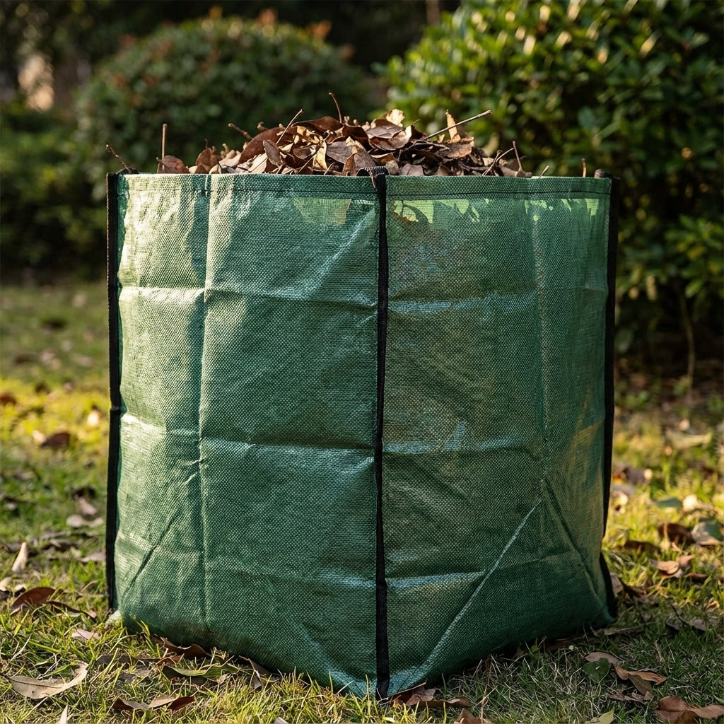 The Saxon 730L Jumbo Garden Bag, filled with dry leaves, sits on grass in a sunny outdoor area.