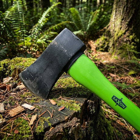 The Saxon Fibreglass Axe - 1.8kg, featuring a green handle and forged carbon steel head, rests in a mossy tree stump—a durable tool for chopping firewood in forest settings among ferns.