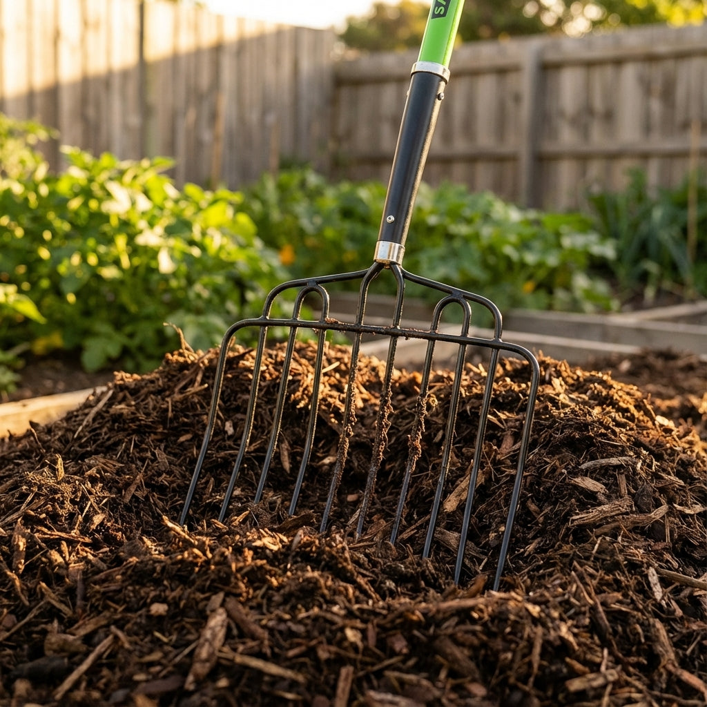 The Saxon Fibreglass D-Handle Mulch Fork rests in a backyard mulch pile, with green plants and a wooden fence in the background.