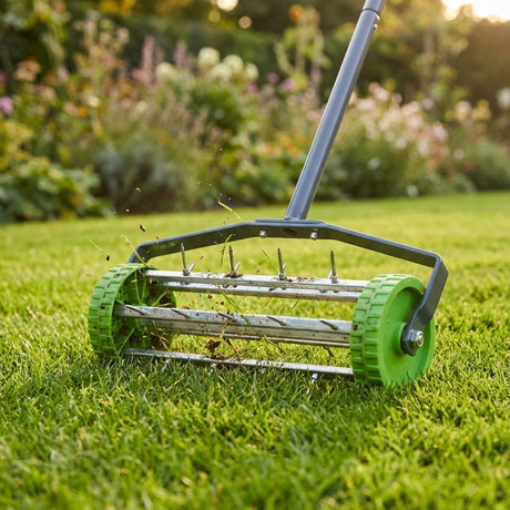 The Saxon Lawn Aerator Spiked Roller features green wheels and manually rolls over grass to create holes, ensuring effective lawn aeration for your garden.