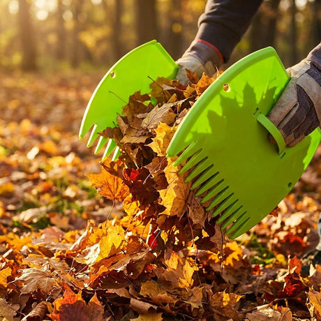 Hands wearing gloves use the Saxon Leaf Scoop - Set of 2 to quickly and efficiently pick up autumn leaves and garden debris, making outdoor clean-ups in the park easier.