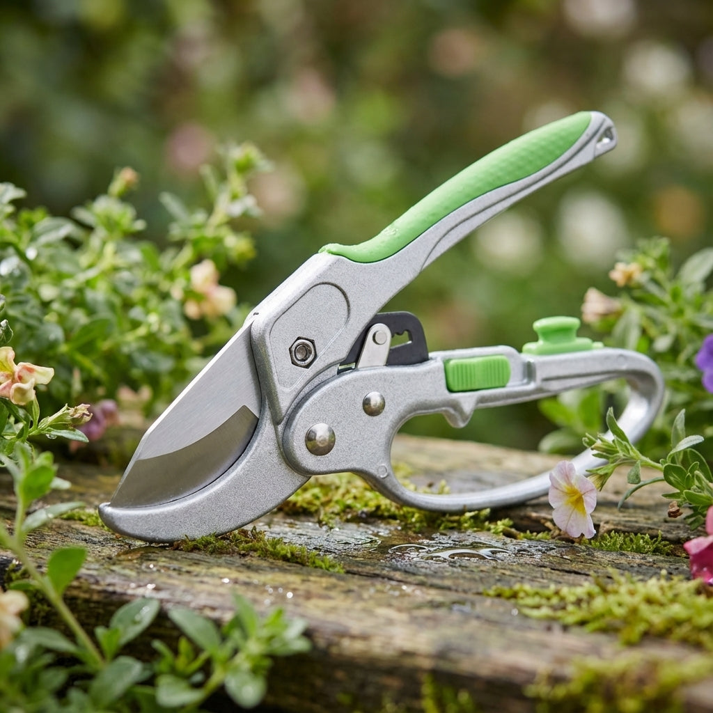 The Saxon Ratchet Pruner, featuring silver and green handles with a carbon steel blade, rests on a mossy wooden surface amid small flowering plants.