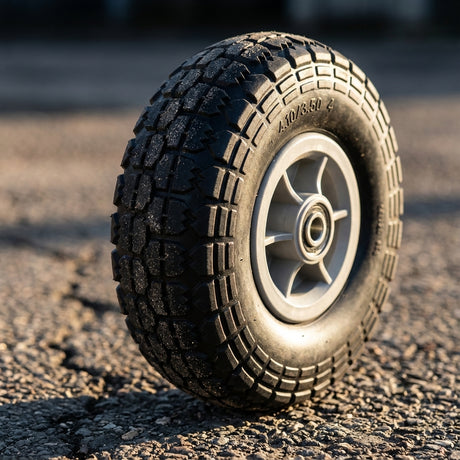 The Saxon Solid Tyre Wheel - 254mm, with deep tread and a black finish, stands upright on sunlit asphalt—an ideal flat-free replacement for your trolley.